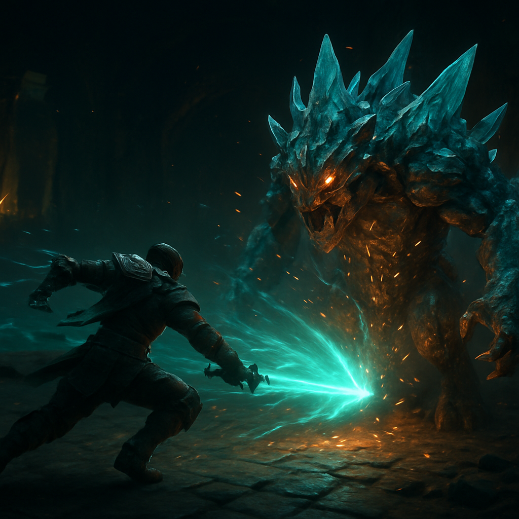 A warrior unleashing a glowing energy ability against a crystalline beast in real-time combat