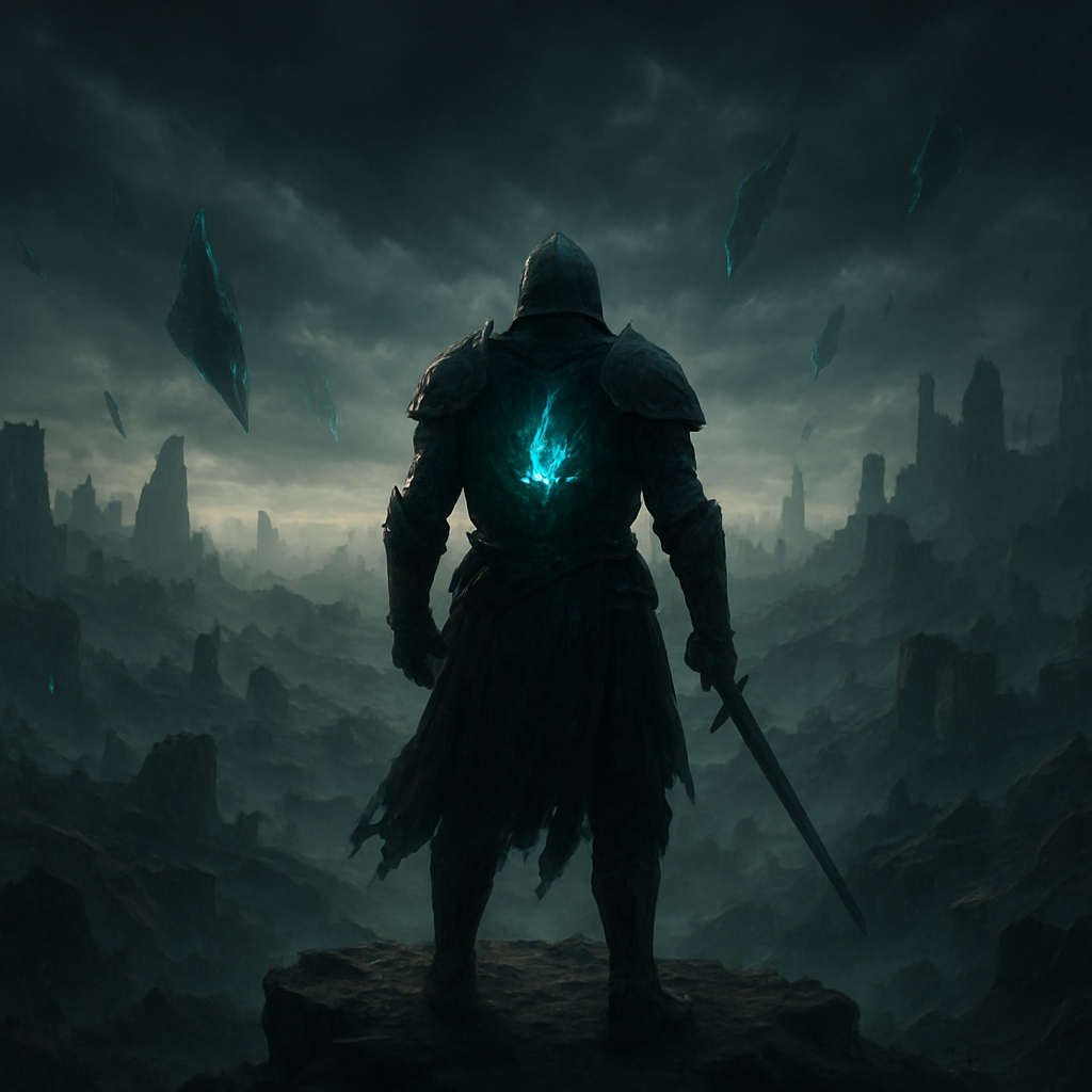 A lone warrior overlooking the shattered world of Aertis, a glowing shard burning in their chest