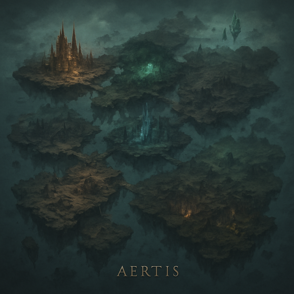 Aerial view of the shattered continent of Aertis with seven distinct biomes